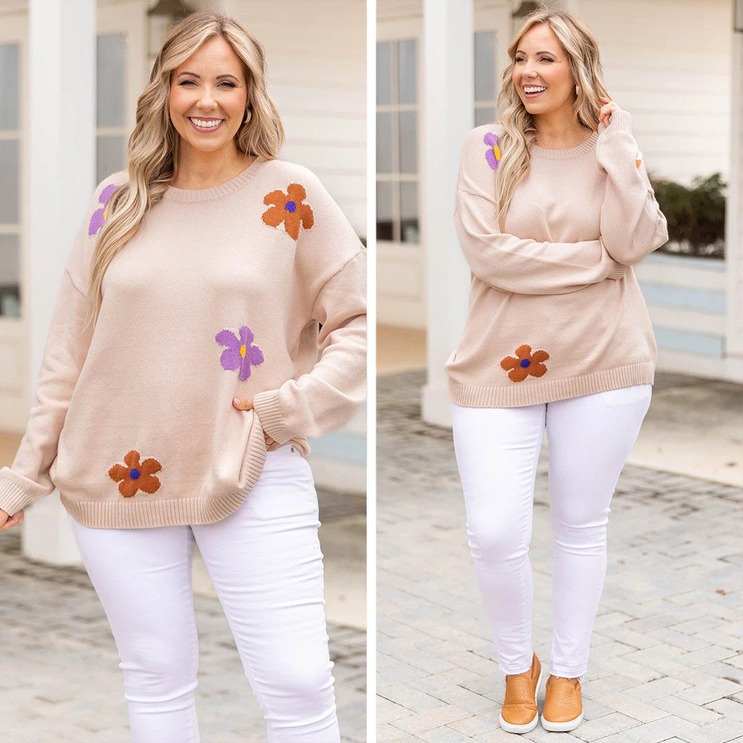 Going Daisy Picking Sweater, Taupe 8 Going Daisy Picking Sweater, Taupe - Image 6