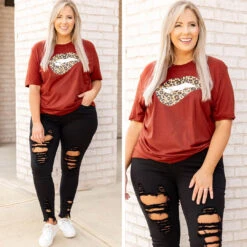 Cheetah Lips Tee, Brick -Chic Soul Store 18.1