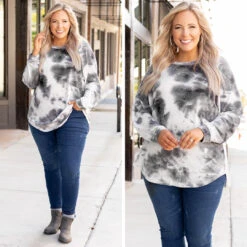 Curved Hem Slouchy Dolman Tunic, Tie Dye Gray-White -Chic Soul Store 1 322082b5 f40a 434e 97ee 8f325cd5a464