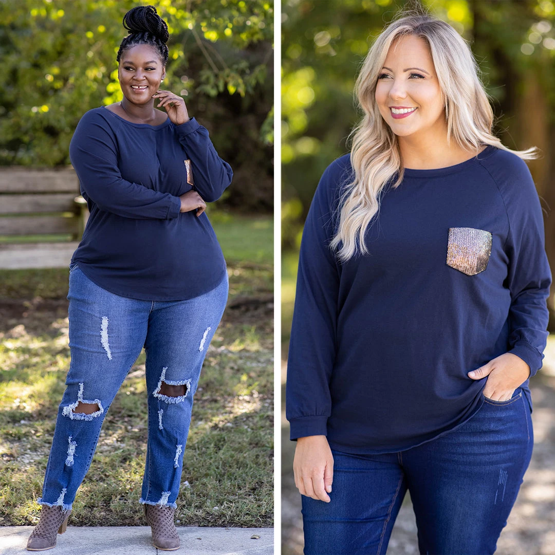 Curved Hem Slouchy Dolman Tunic, Navy Sequin 11 Curved Hem Slouchy Dolman Tunic, Navy Sequin - Image 9