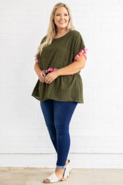 Poms Away Top, Olive -Chic Soul Store 2C5A1109