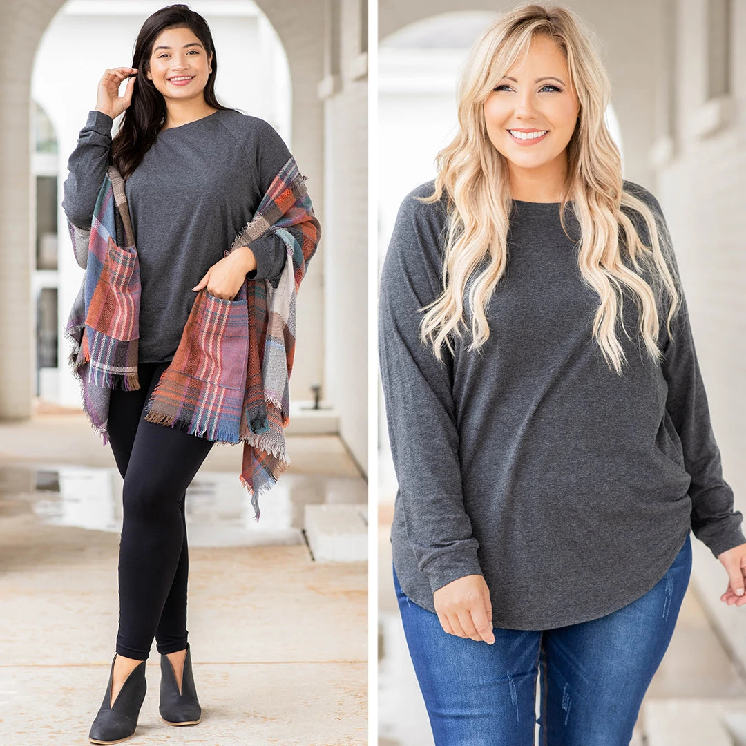 Curved Hem Slouchy Dolman Tunic, Charcoal 8 Curved Hem Slouchy Dolman Tunic, Charcoal - Image 6