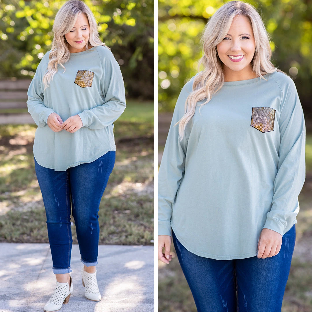 Curved Hem Slouchy Dolman Tunic, Mineral Mint Sequin 12 Curved Hem Slouchy Dolman Tunic, Mineral Mint Sequin - Image 10