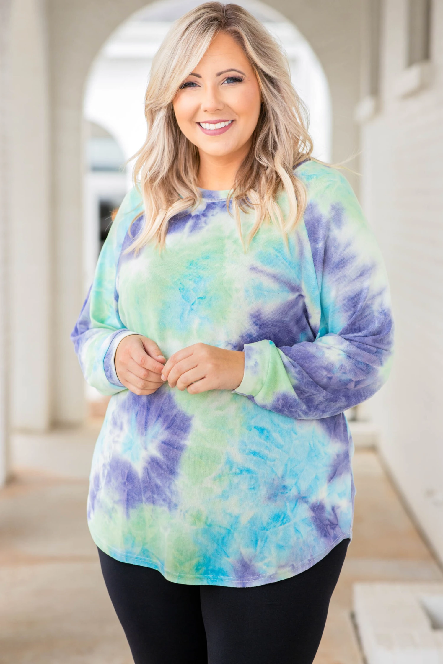 Curved Hem Slouchy Dolman Tunic, Tie Dye Purple 3 Curved Hem Slouchy Dolman Tunic, Tie Dye Purple