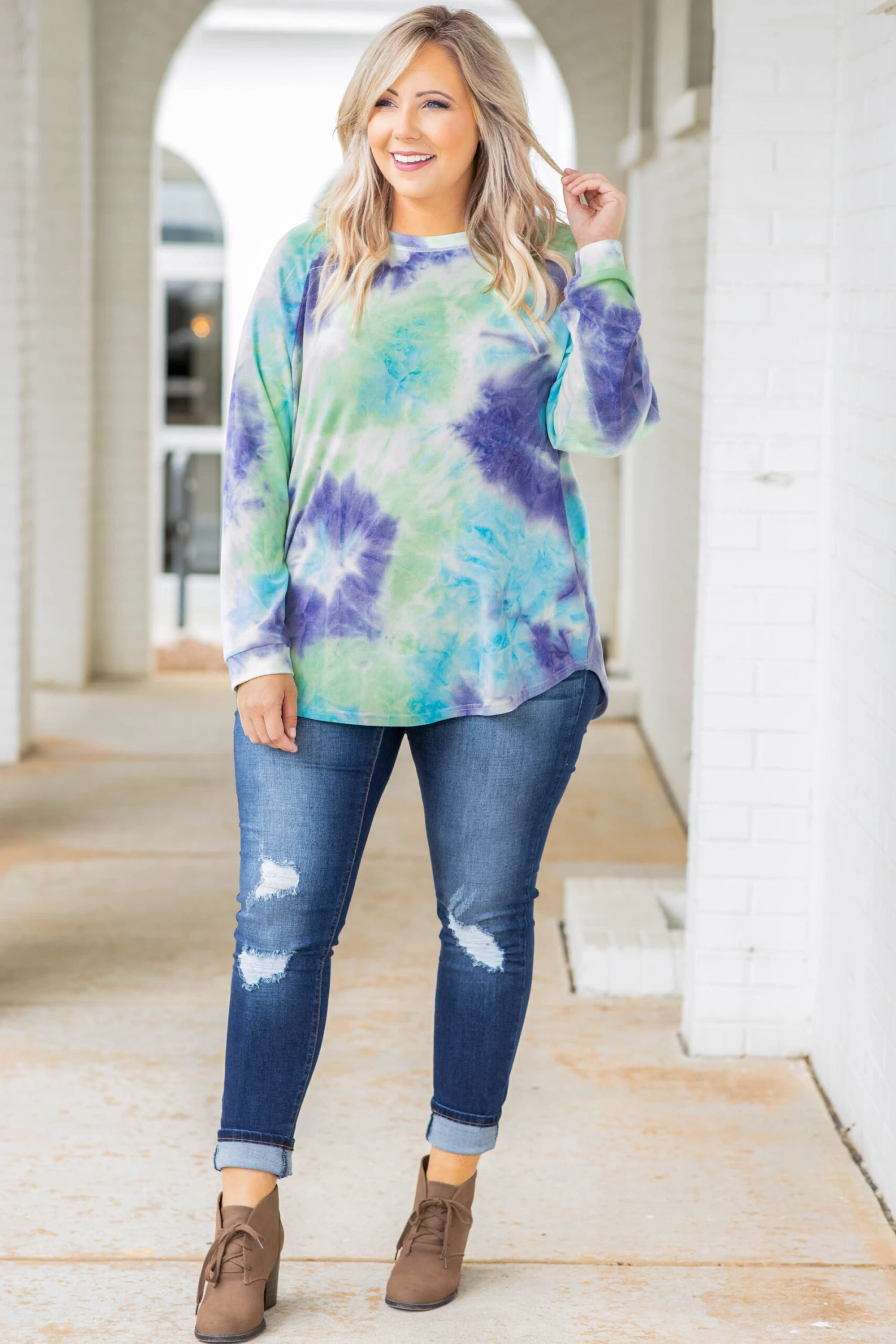 Curved Hem Slouchy Dolman Tunic, Tie Dye Purple 5 Curved Hem Slouchy Dolman Tunic, Tie Dye Purple - Image 3