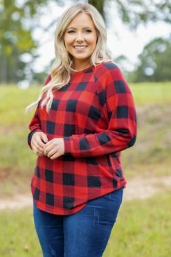 Curved Hem Slouchy Dolman Tunic, Red Plaid