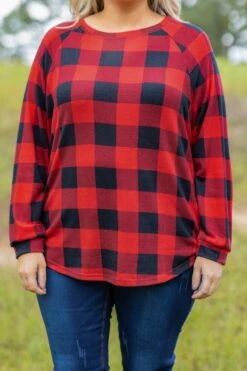 Curved Hem Slouchy Dolman Tunic, Red Plaid -Chic Soul Store 373A3168