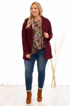 Not Too Late For Love Cardigan, Dark Burgundy -Chic Soul Store 373A4651