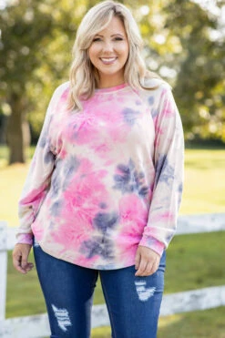 Curved Hem Slouchy Dolman Tunic, Tie Dye Pink