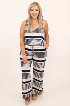 Going With The Flow Jumpsuit, Ivory-Navy -Chic Soul Store 4 20 6840