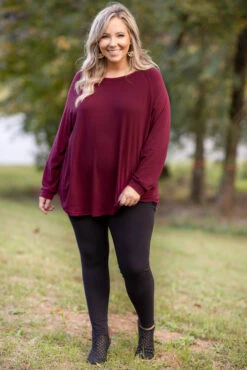 Curved Hem Slouchy Tunic, Wine -Chic Soul Store 5E1A0296 Edit