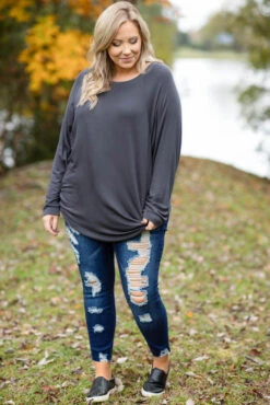 Relaxed Hem Slouchy Dolman Tunic, Charcoal Fleece -Chic Soul Store 5E1A0575 Edit
