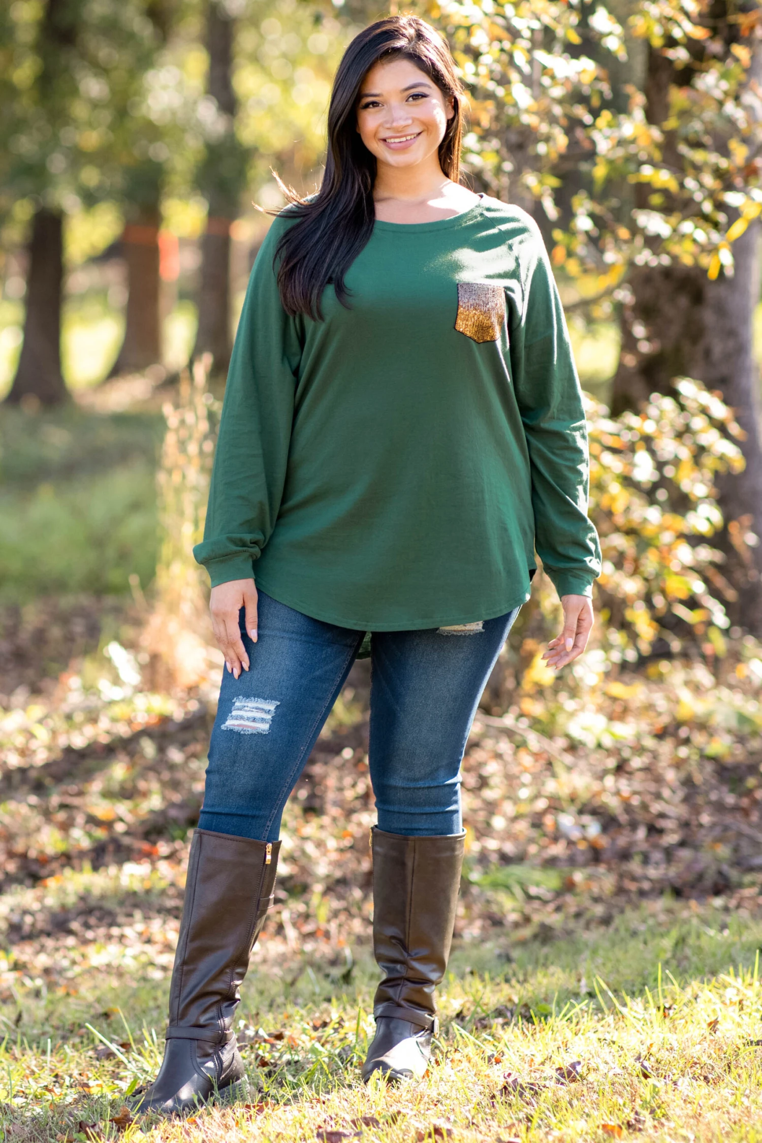 Curved Hem Slouchy Dolman Tunic, Hunter Green Sequin 5 Curved Hem Slouchy Dolman Tunic, Hunter Green Sequin - Image 3