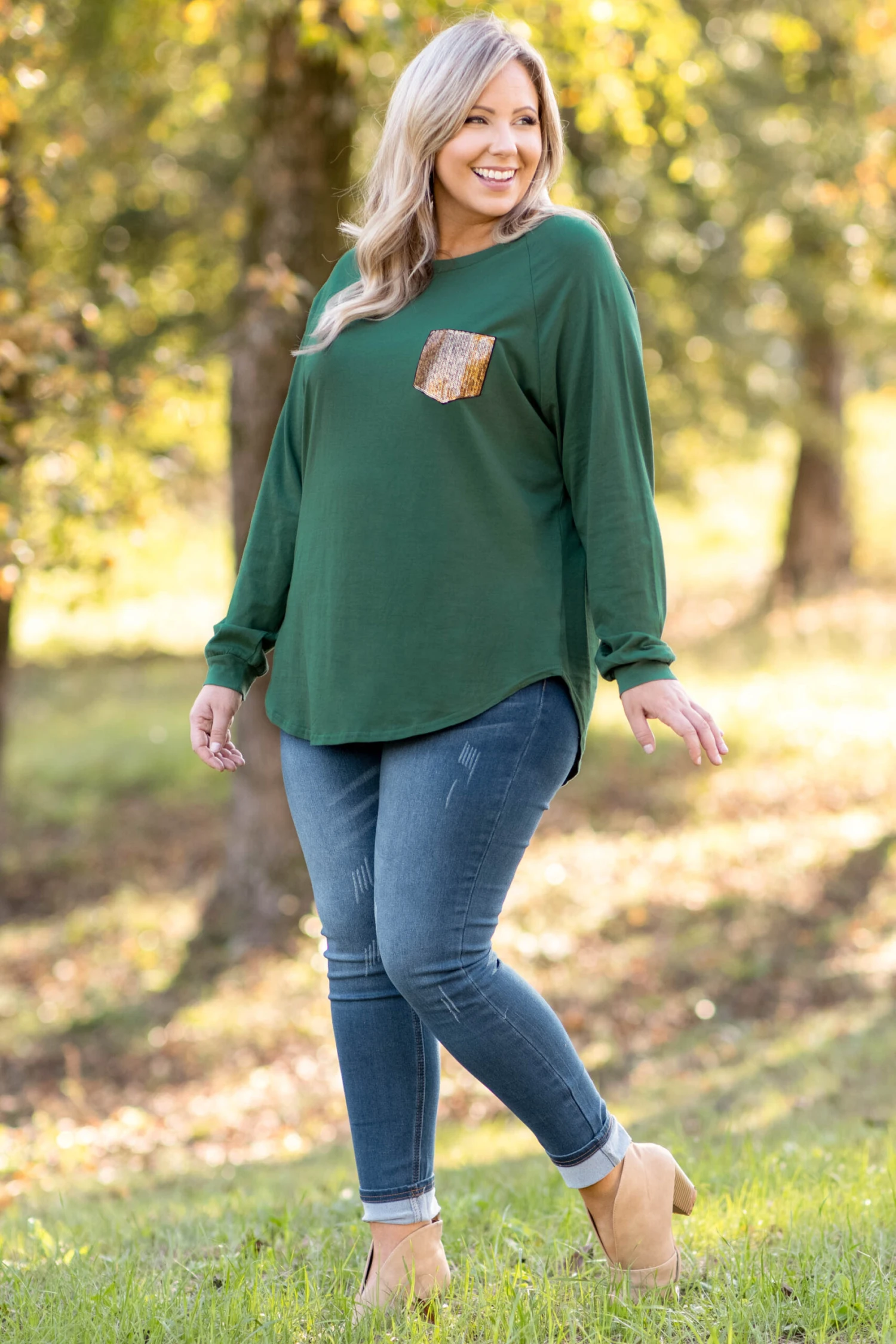 Curved Hem Slouchy Dolman Tunic, Hunter Green Sequin 8 Curved Hem Slouchy Dolman Tunic, Hunter Green Sequin - Image 6