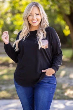 Curved Hem Slouchy Dolman Tunic, Black Sequin
