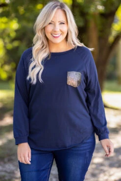 Curved Hem Slouchy Dolman Tunic, Navy Sequin