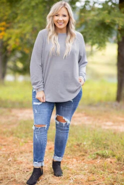 Curved Hem Slouchy Dolman Tunic, Heather Grey Thermal -Chic Soul Store 5E1A5985