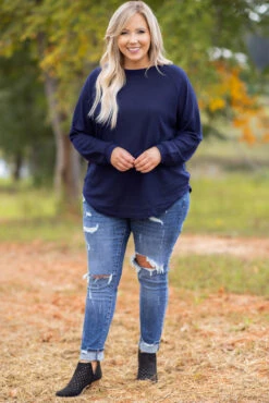 Curved Hem Slouchy Dolman Tunic, Navy Thermal 16 Curved Hem Slouchy Dolman Tunic, Navy Thermal -Chic Soul Store 5E1A6012