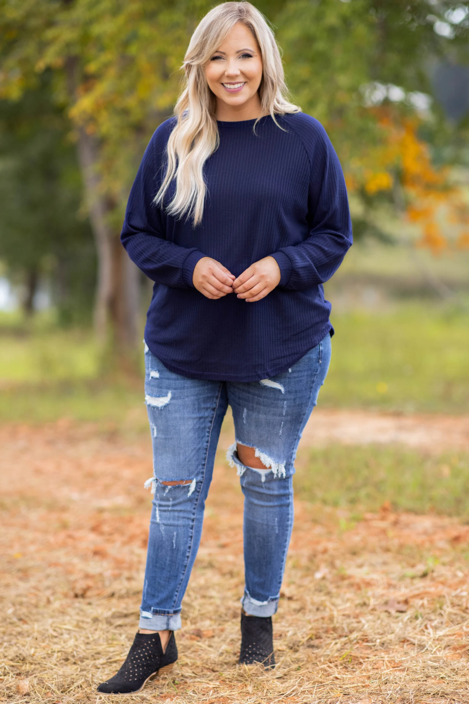 Curved Hem Slouchy Dolman Tunic, Navy Thermal 8 Curved Hem Slouchy Dolman Tunic, Navy Thermal - Image 6