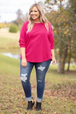 Curved Hem Slouchy Dolman Tunic, Dark Fuchsia -Chic Soul Store 5E1A6381 Edit 2 Edit
