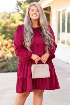 Sweet Glance Romance Dress, Burgundy