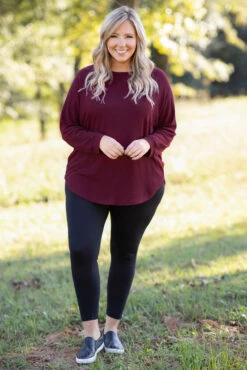 Curved Hem Slouchy Dolman Tunic, Wine Thermal -Chic Soul Store 5E1A8942