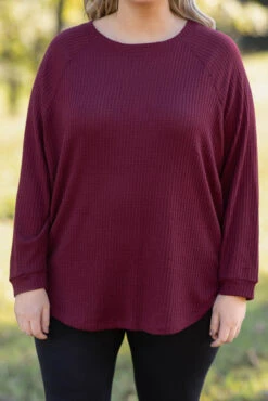 Curved Hem Slouchy Dolman Tunic, Wine Thermal -Chic Soul Store 5E1A8948 Edit