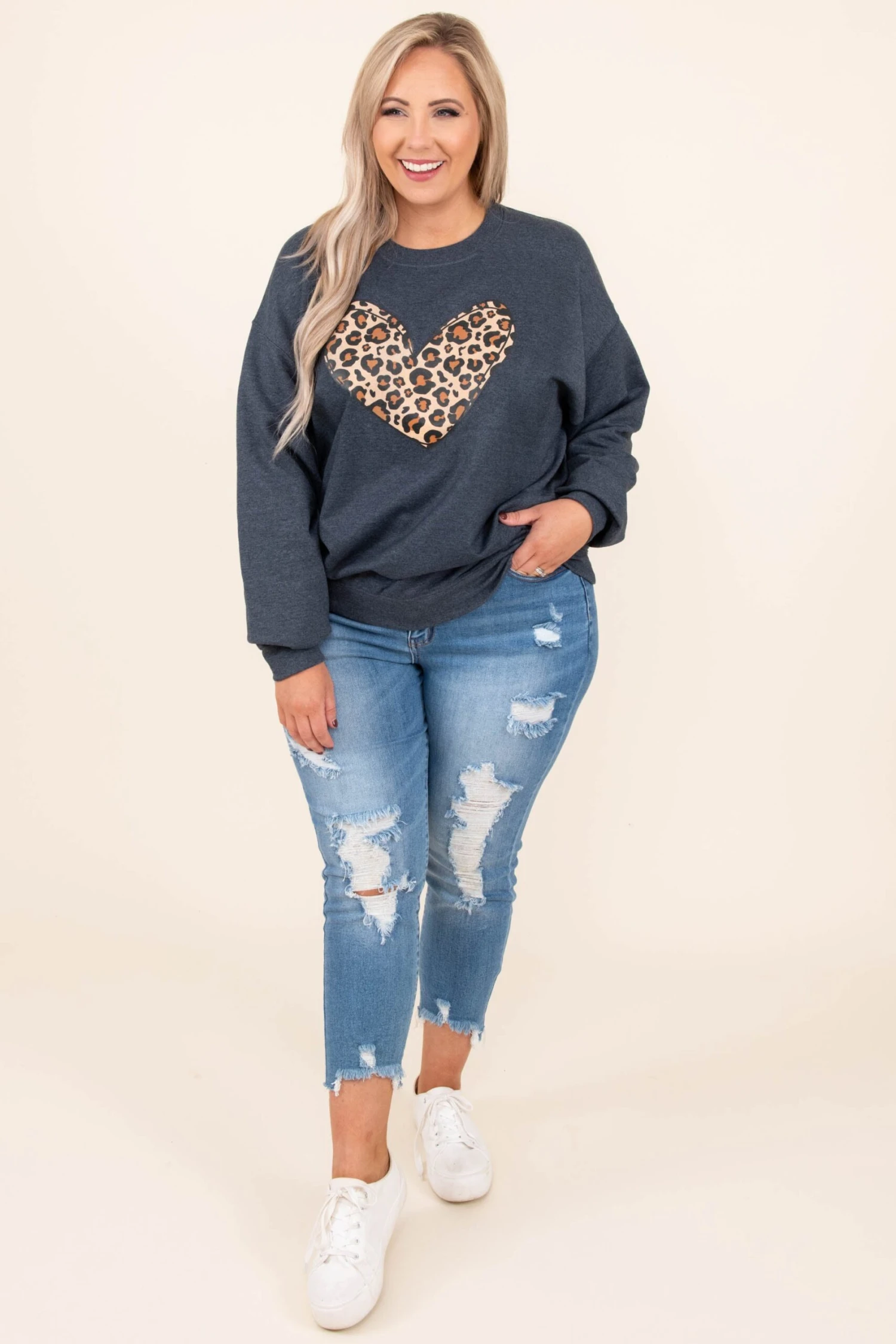 Leopard Heart Sweatshirt, Heather Gray 5 Leopard Heart Sweatshirt, Heather Gray - Image 3