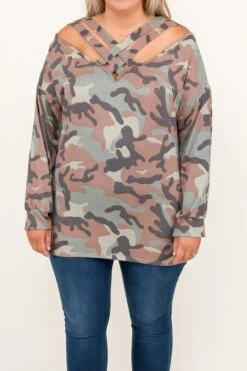Come Flirt With Me Top, Olive Camo -Chic Soul Store 8 17 13775