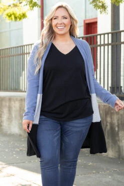 All Business No Play Cardigan, Denim-Heather Gray-Black