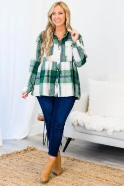Cozy Plaid Babydoll Shacket, Green -Chic Soul Store CozyPlaidBabydollShacket Green 4