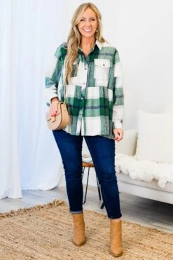Cozy Plaid Babydoll Shacket, Green -Chic Soul Store CozyPlaidBabydollShacket Green 5
