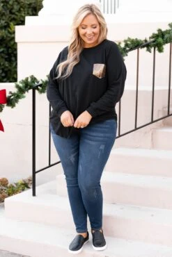 Curved Hem Slouchy Dolman Tunic, Black Sequin -Chic Soul Store CurvedHemSlouchyDolmanTunic BlackSequin 9757