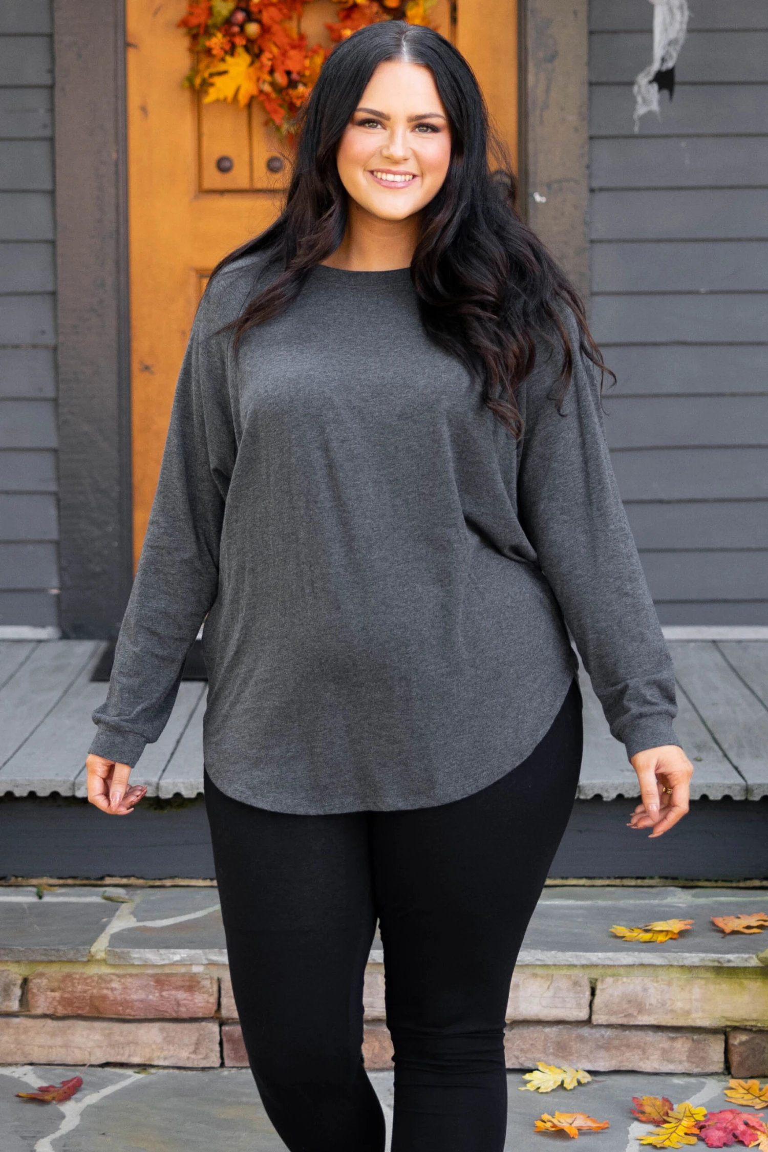 Curved Hem Slouchy Dolman Tunic, Charcoal 3 Curved Hem Slouchy Dolman Tunic, Charcoal