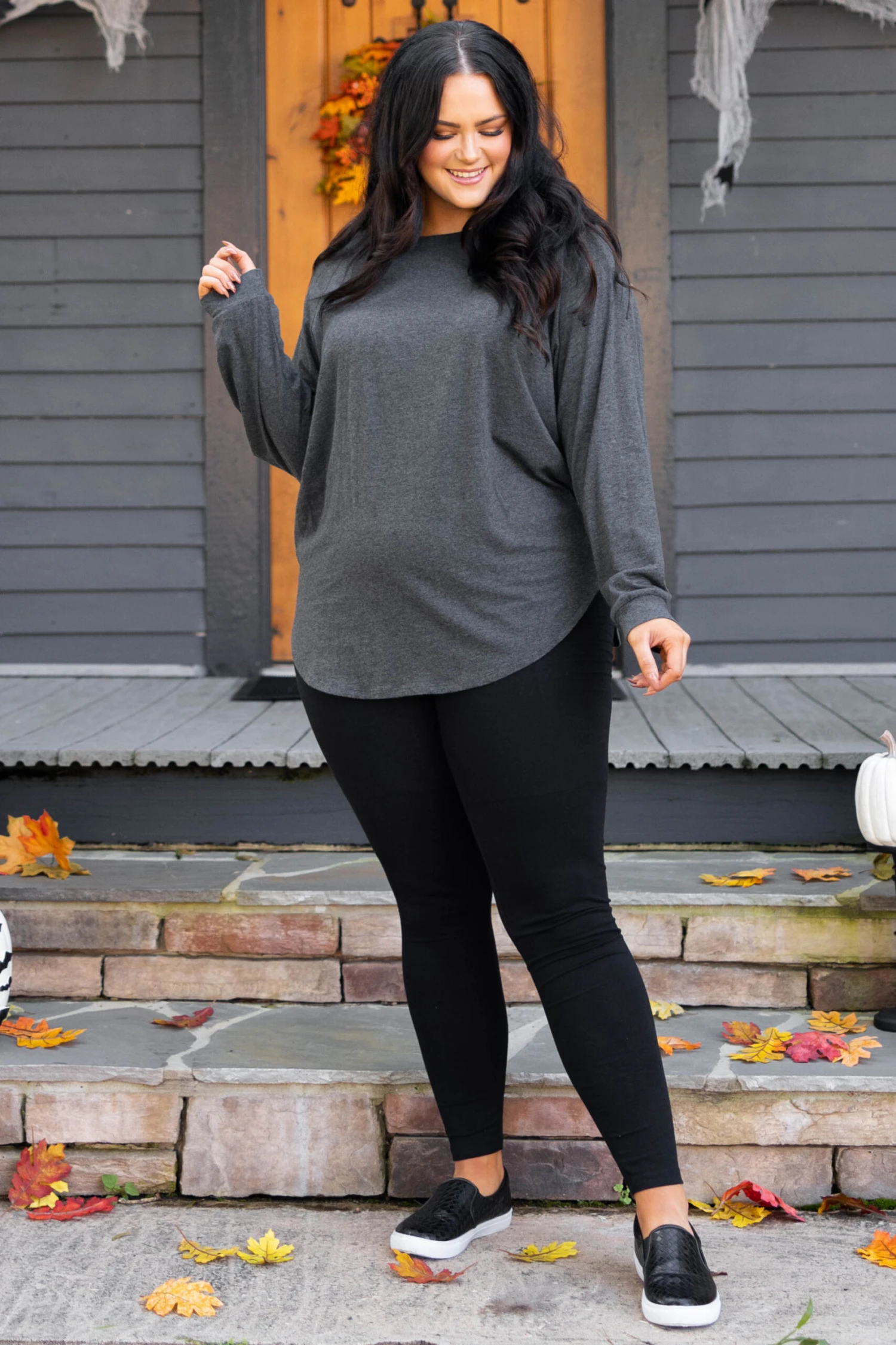 Curved Hem Slouchy Dolman Tunic, Charcoal 5 Curved Hem Slouchy Dolman Tunic, Charcoal - Image 3