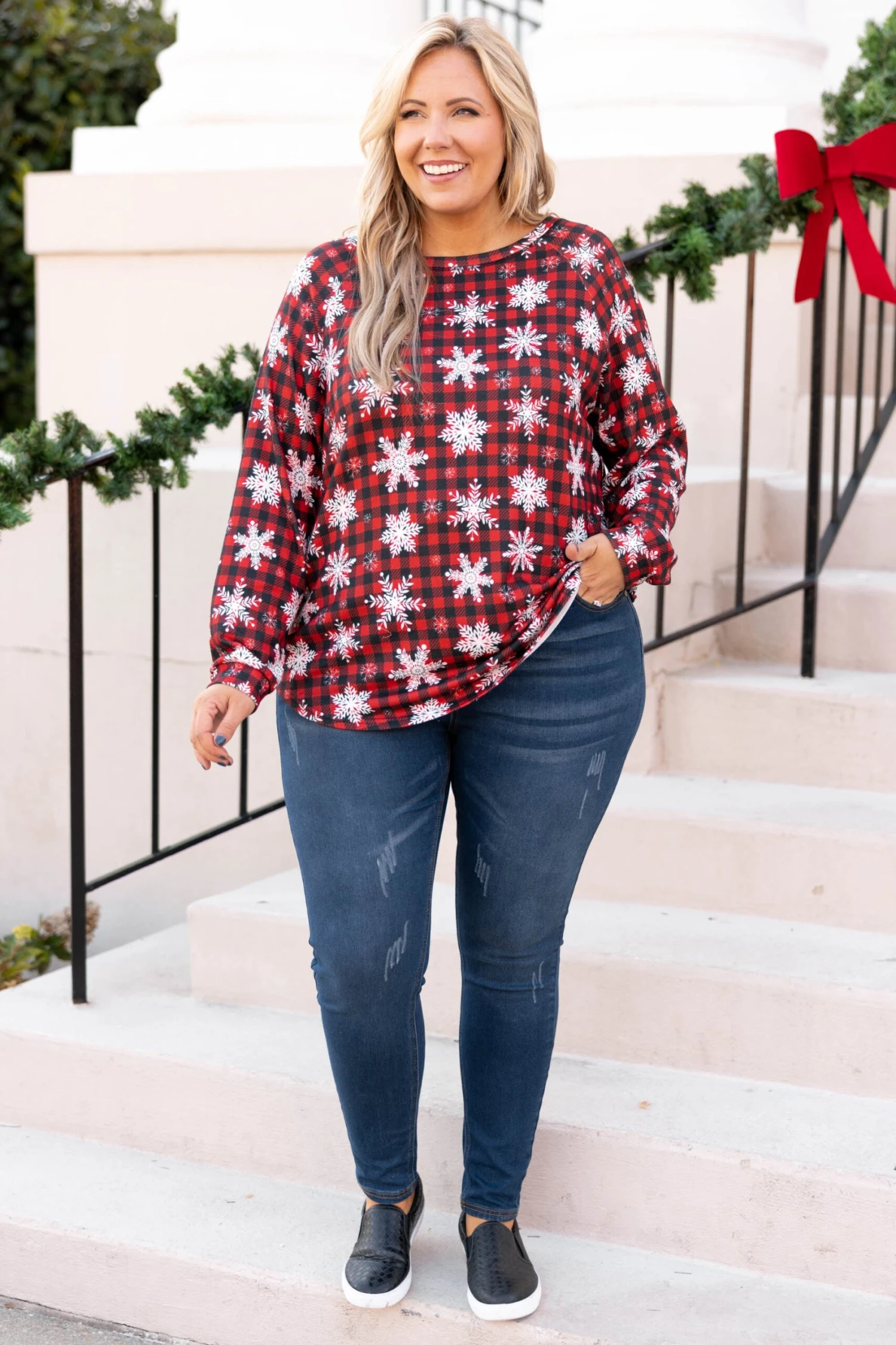 Curved Hem Slouchy Dolman Tunic, Festive Red 4 Curved Hem Slouchy Dolman Tunic, Festive Red - Image 2