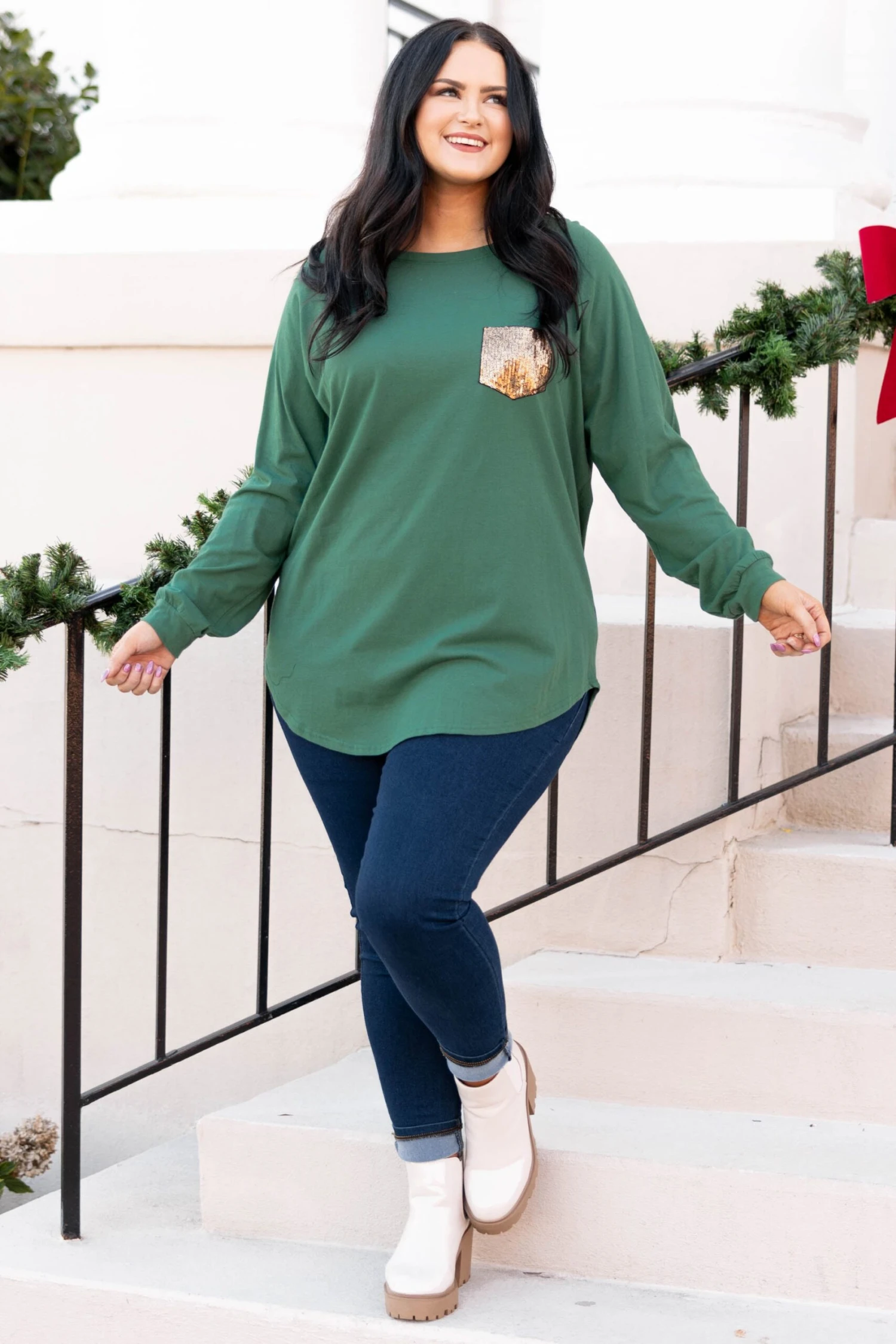Curved Hem Slouchy Dolman Tunic, Hunter Green Sequin 4 Curved Hem Slouchy Dolman Tunic, Hunter Green Sequin - Image 2