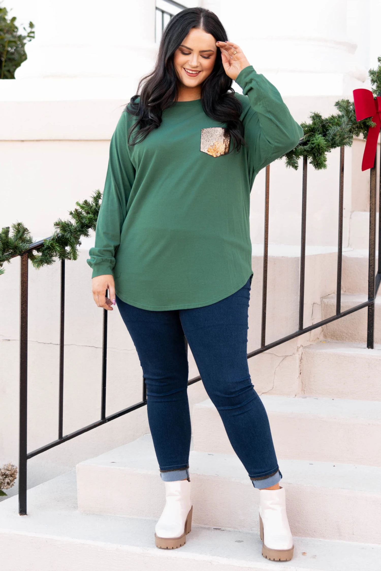 Curved Hem Slouchy Dolman Tunic, Hunter Green Sequin 6 Curved Hem Slouchy Dolman Tunic, Hunter Green Sequin - Image 4