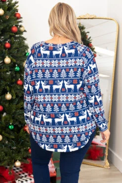 Curved Hem Slouchy Dolman Tunic, Navy Festive -Chic Soul Store CurvedHemSlouchyDolmanTunic NavyFestive 9669