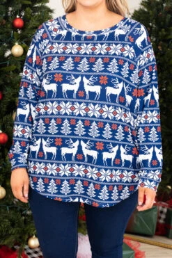 Curved Hem Slouchy Dolman Tunic, Navy Festive -Chic Soul Store CurvedHemSlouchyDolmanTunic NavyFestive 9670