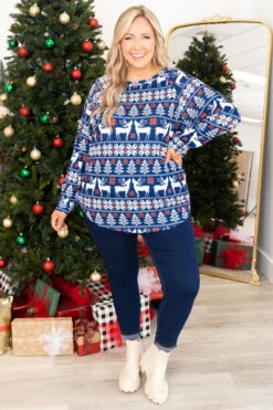 Curved Hem Slouchy Dolman Tunic, Navy Festive -Chic Soul Store CurvedHemSlouchyDolmanTunic NavyFestive 9671