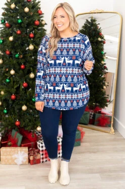 Curved Hem Slouchy Dolman Tunic, Navy Festive -Chic Soul Store CurvedHemSlouchyDolmanTunic NavyFestive 9672
