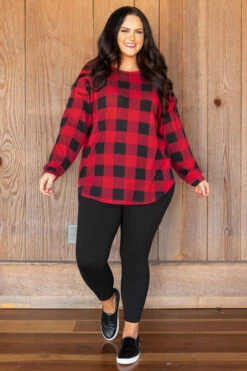 Curved Hem Slouchy Dolman Tunic, Red Plaid -Chic Soul Store CurvedHemSlouchyDolmanTunic RedPlaid 5