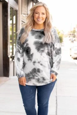 Curved Hem Slouchy Dolman Tunic, Tie Dye Gray-White