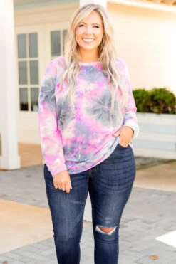 Curved Hem Slouchy Dolman Tunic, Tie Dye Pink -Chic Soul Store CurvedHemSlouchyDolmanTunic TieDyePink 4258