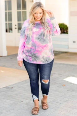 Curved Hem Slouchy Dolman Tunic, Tie Dye Pink -Chic Soul Store CurvedHemSlouchyDolmanTunic TieDyePink 4262