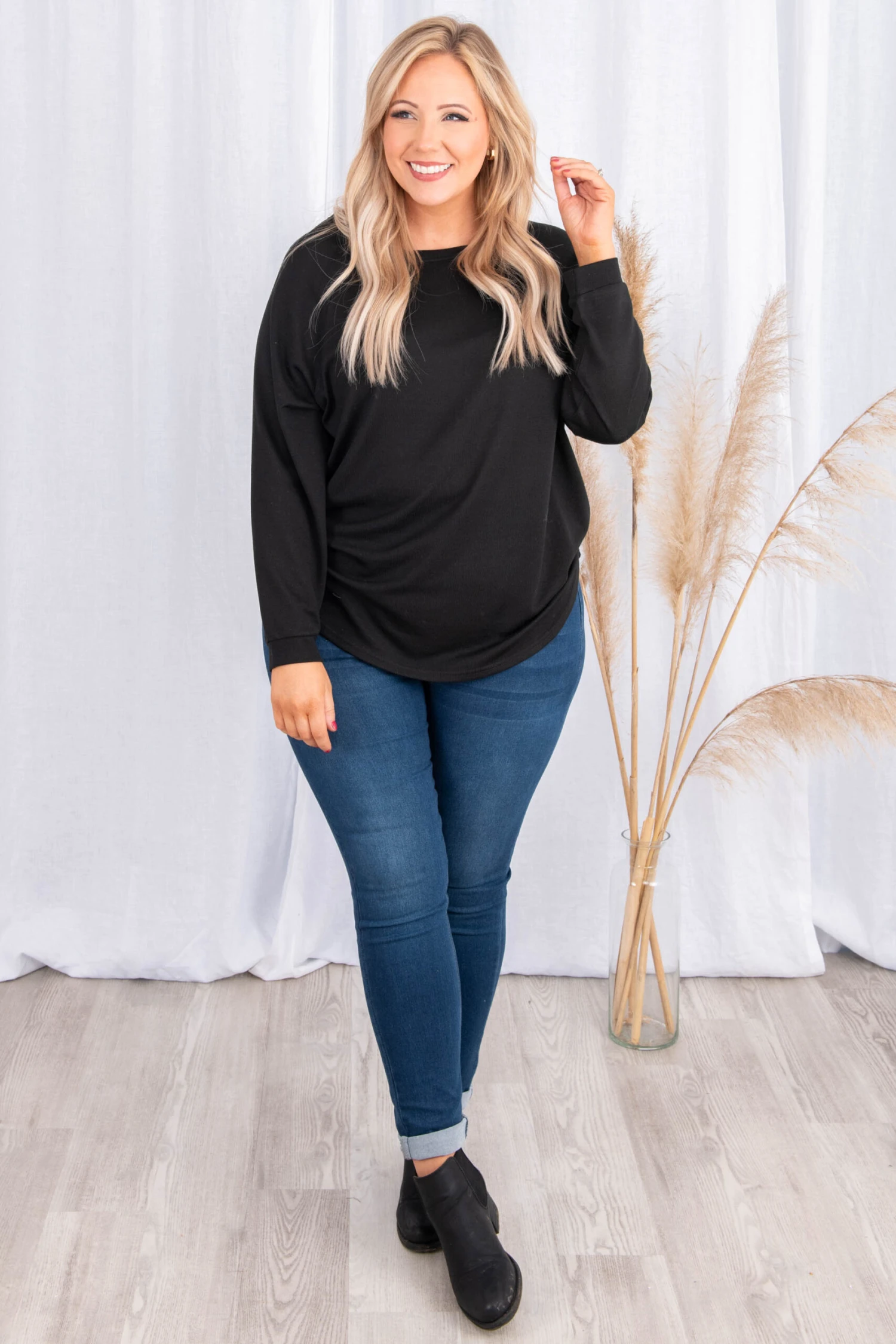 Curved Hem Slouchy Dolman Knitted Tunic, Black 4 Curved Hem Slouchy Dolman Knitted Tunic, Black - Image 2