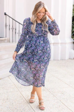 Flowers All Over Dress, Navy Orchid -Chic Soul Store FlowersAllOverDress NavyOrchid 0025