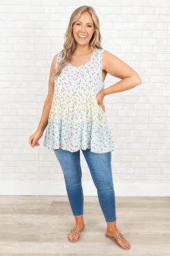 Garden Melodies Top, Baby Blue Yellow -Chic Soul Store GardenMelodiesTop BabyBlueYellow 9618