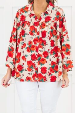 Garden Party Blouse, Red-Beige 13 Garden Party Blouse, Red-Beige -Chic Soul Store GardenPartyBlouse Red Beige 3